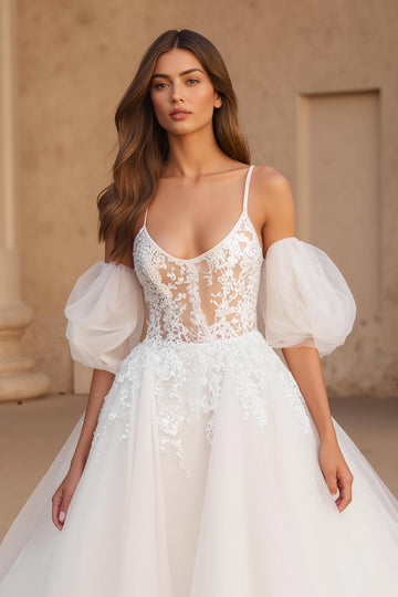 Ivory Puff Sleeve Bridal Gown Dress with Appliques